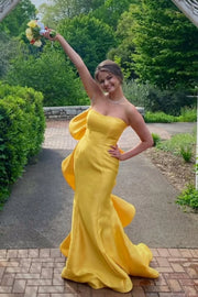 Satin Mermaid Strapless Long Party Prom Dress With Bow Train