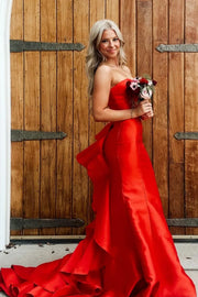 Satin Mermaid Strapless Long Party Prom Dress With Bow Train