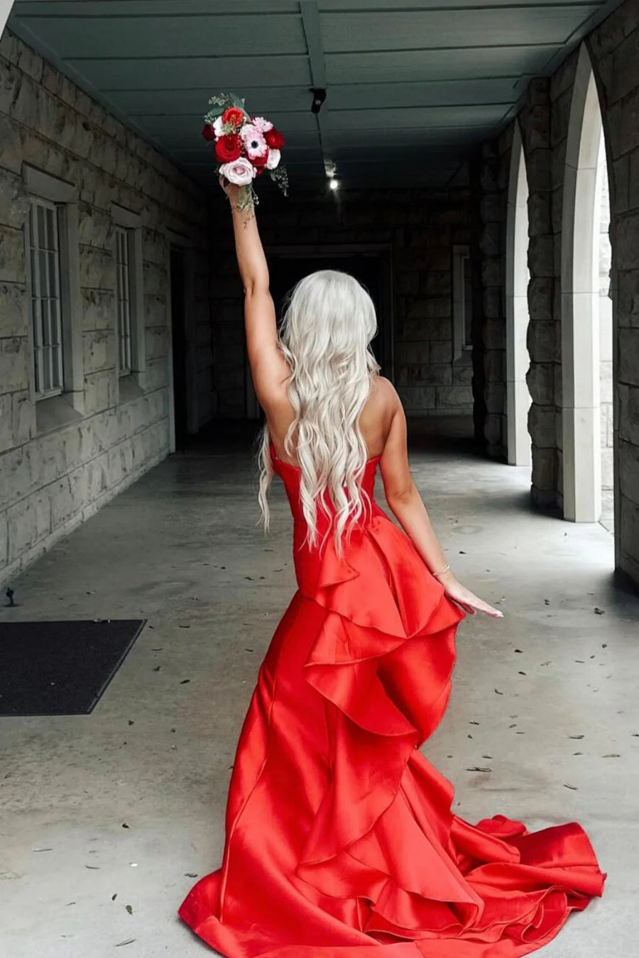 Satin Mermaid Strapless Long Party Prom Dress With Bow Train