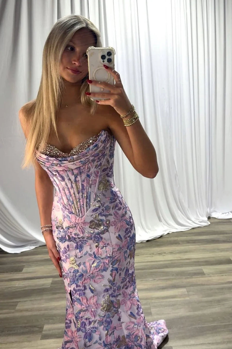 Satin Mermaid Strapless Mermaid Floral Party Prom Dress