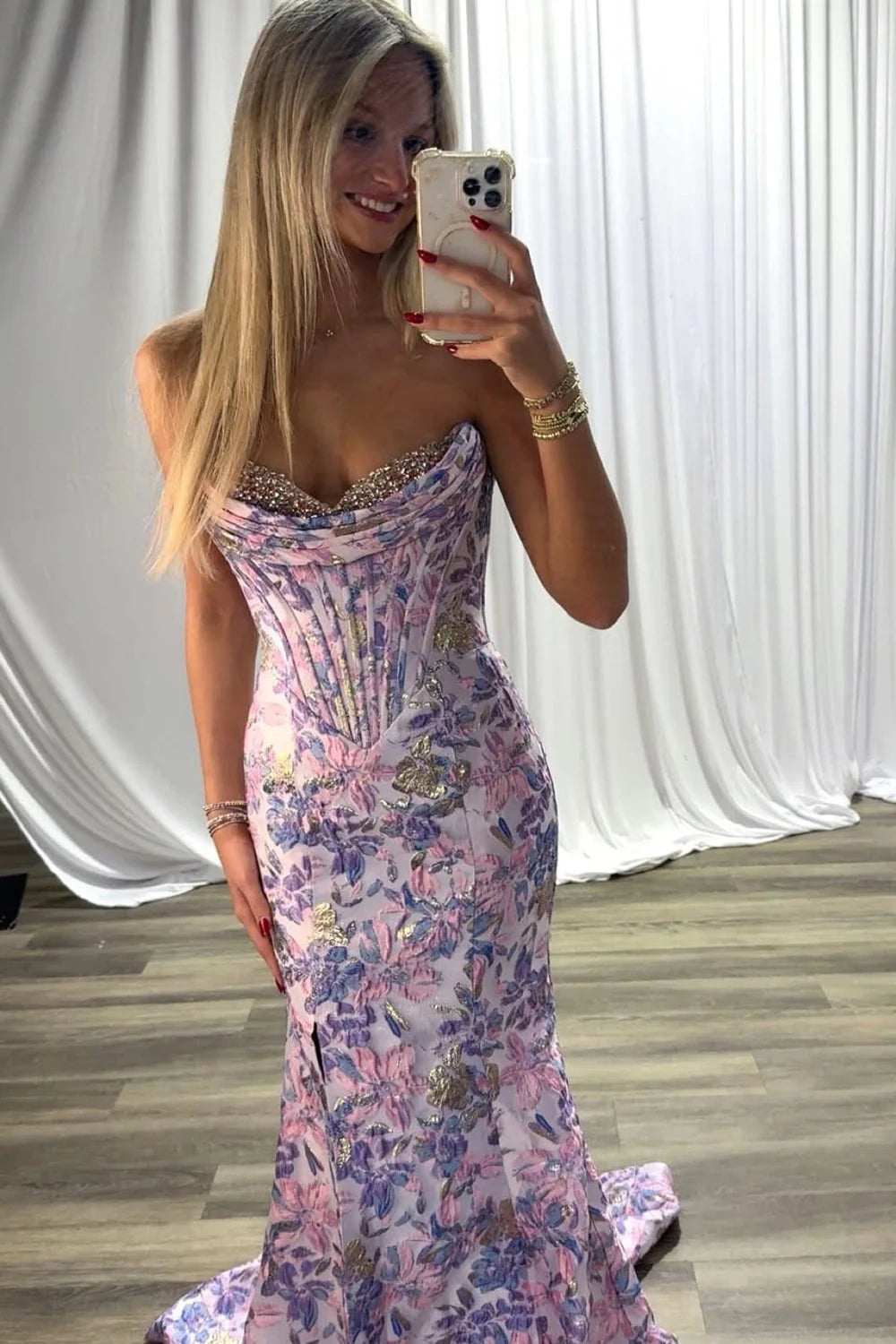 Satin Mermaid Strapless Mermaid Floral Party Prom Dress