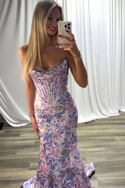 Satin Mermaid Strapless Mermaid Floral Party Prom Dress