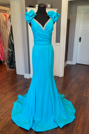 Satin Mermaid V-Neck Sleeveless Beaded Party Prom Dress