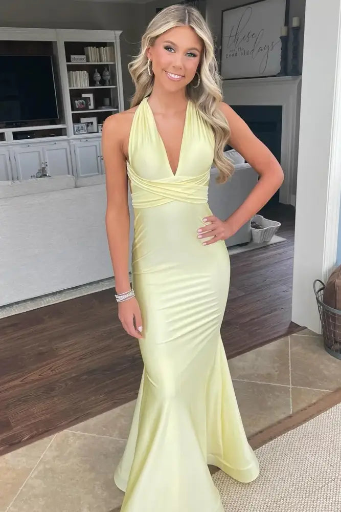 Satin Mermaid V-Neck Sleeveless Open Back Party Prom Dress