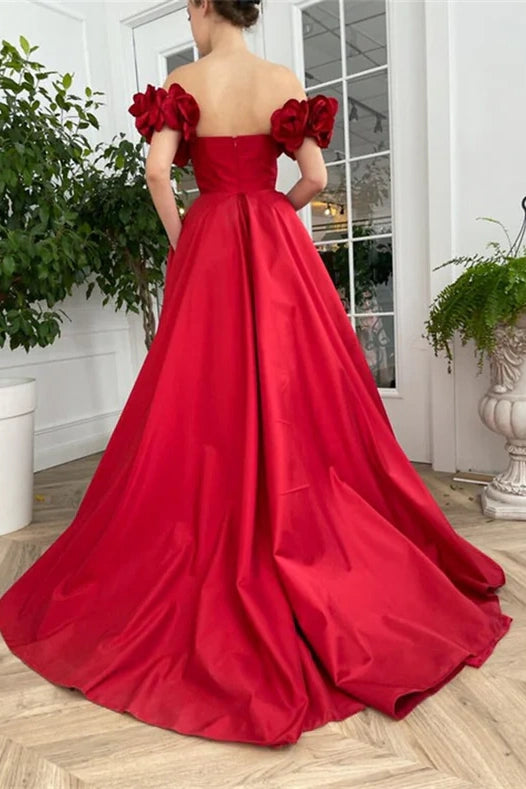 Satin Off-Shoulder Empire Formal Dress With Train And Pockets