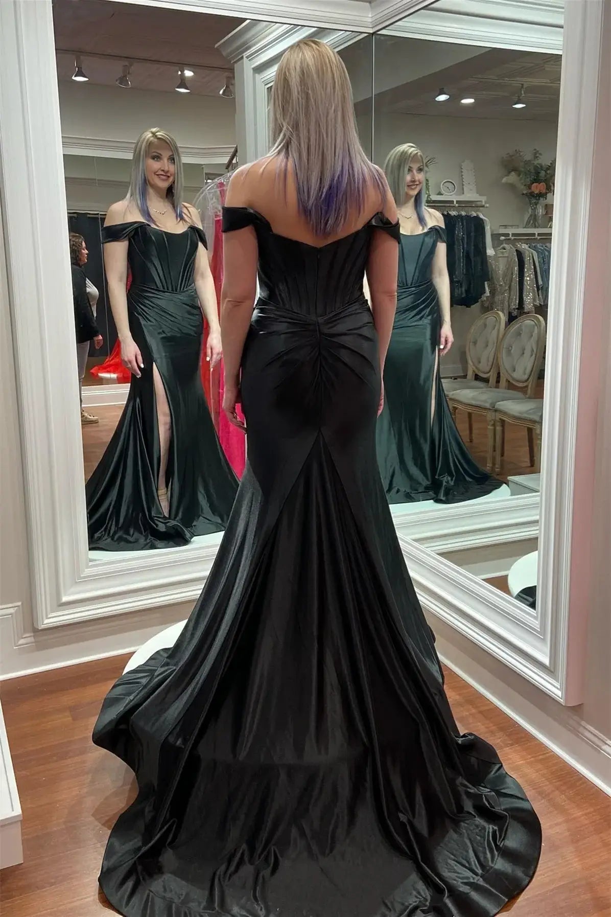 Satin Off-Shoulder Empire Mermaid Prom Dress