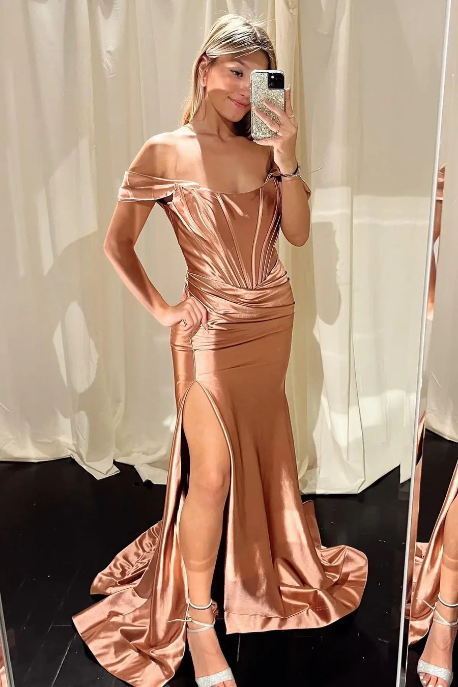 Satin Off-Shoulder Empire Mermaid Prom Dress