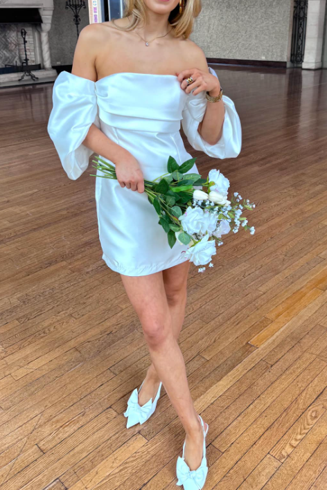 empire short wedding dress Satin Off-Shoulder Empire Short Summer Wedding Dress White / US 14