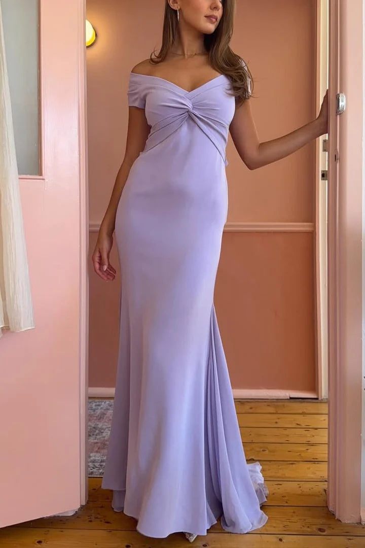 Satin Off-Shoulder Mermaid Party Prom Dress With Train