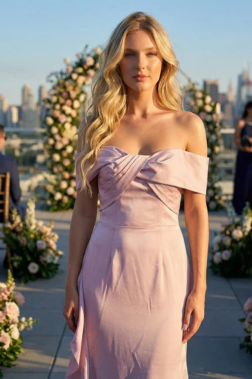 Satin Off The Shoulder Ruffle Leg Slit Party Prom Dress With Train 