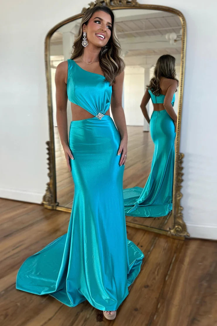 Satin One Shoulder Sleeveless Illusion Empire Mermaid Prom Dress