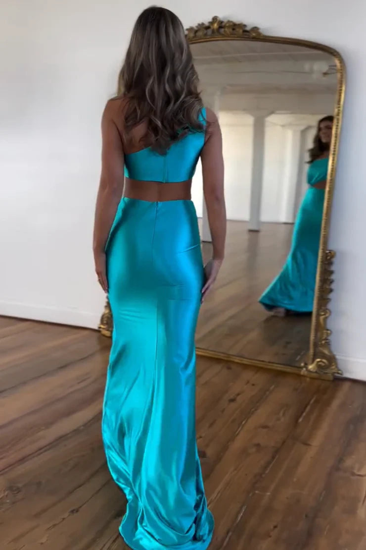 Satin One Shoulder Sleeveless Illusion Empire Mermaid Prom Dress