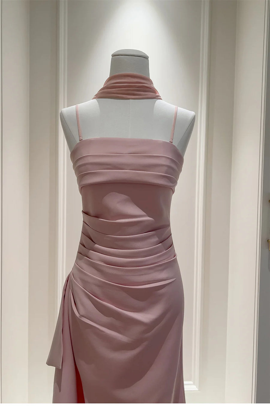 Satin Pink Spaghetti Straps Pleated Empire Party Prom Dress