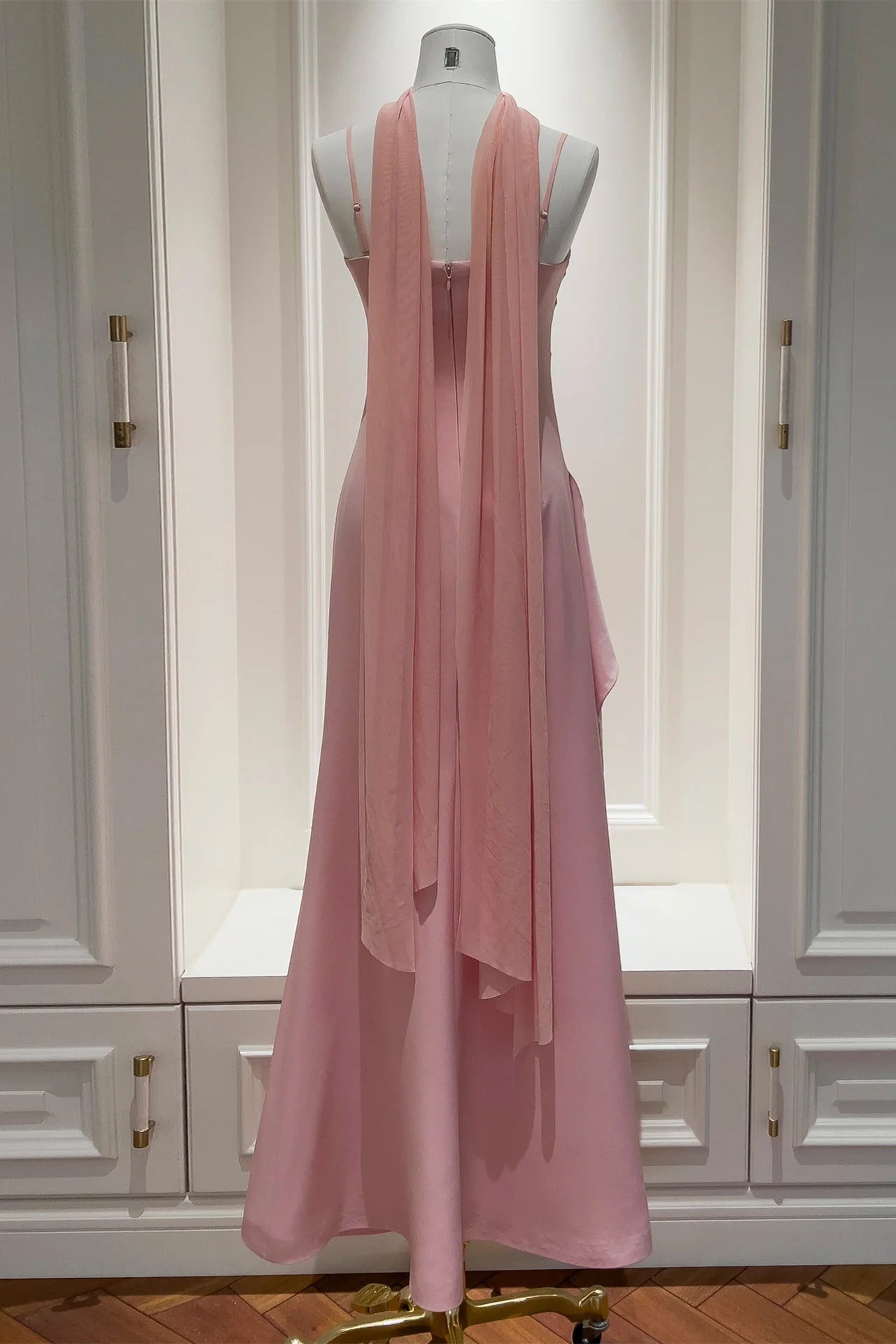 Satin Pink Spaghetti Straps Pleated Empire Party Prom Dress