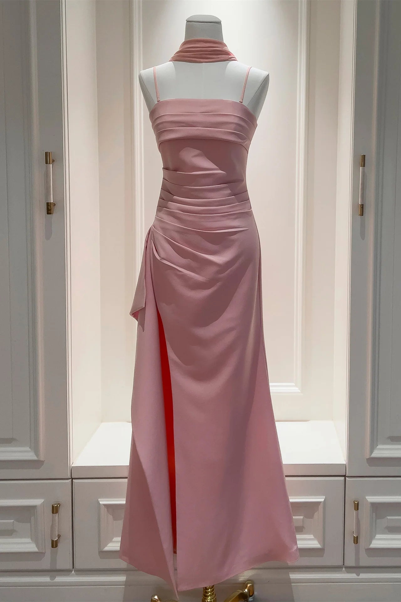 Satin Pink Spaghetti Straps Pleated Empire Party Prom Dress