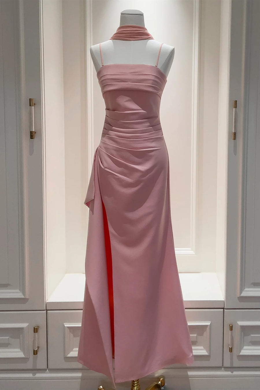 Satin Pink Spaghetti Straps Pleated Empire Party Prom Dress