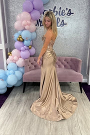 Satin Ruched Empire Mermaid Prom Dress With Lace Appliques