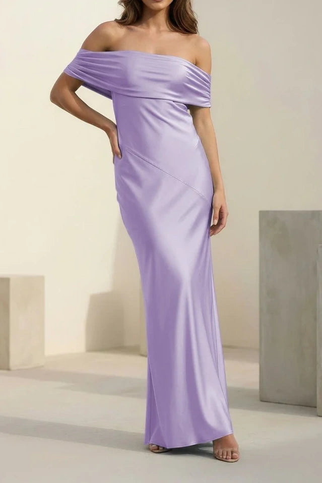 Satin Sheath Off-Shoulder Floor-Length Party Prom Dress