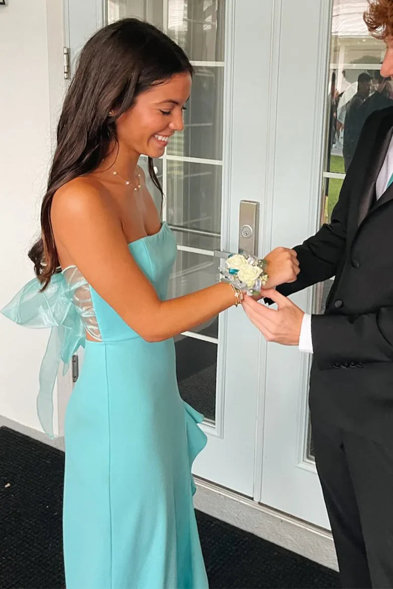 Satin Sheath Strapless Party Prom Dress With Ruffle Leg Slit