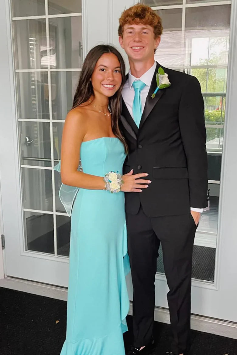 Satin Sheath Strapless Party Prom Dress With Ruffle Leg Slit