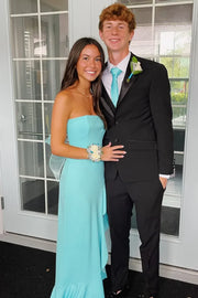 Satin Sheath Strapless Party Prom Dress With Ruffle Leg Slit