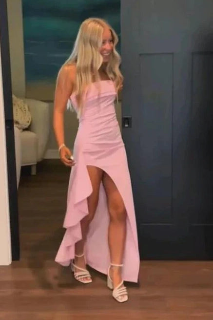 Satin Strapless Empire Ruffled Party Prom Dress With Side Slit