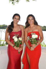 Satin Strapless Empire Ruffled Party Prom Dress With Side Slit