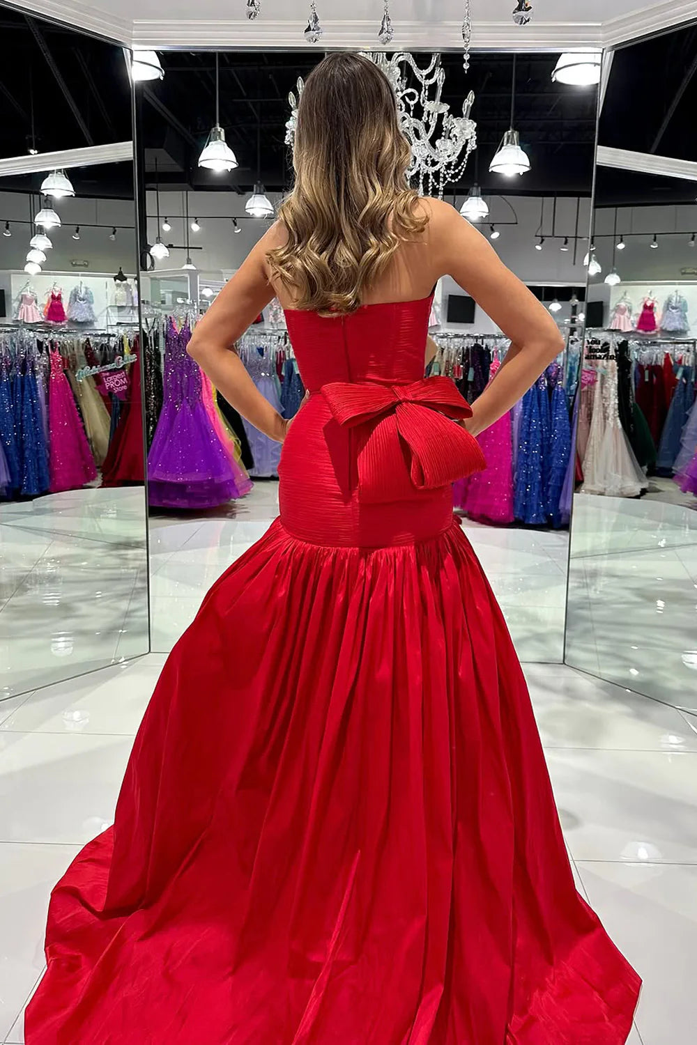 Satin Strapless Pleated Party Prom Dress With Train And Bow