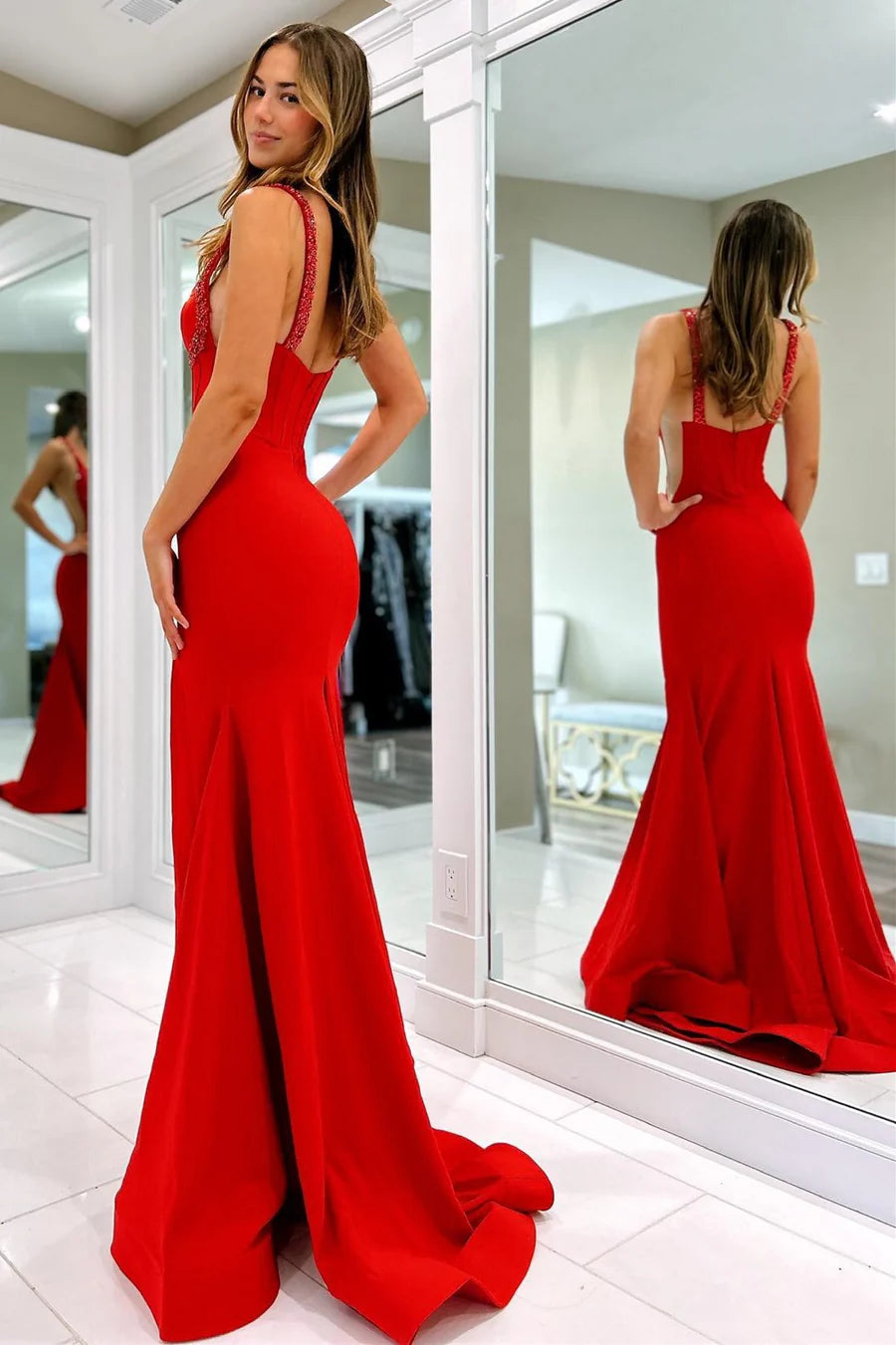 Satin Sweetheart Spaghetti Straps With Side Slit Beaded Prom Dress