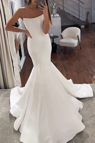 satin strapless trumpet wedding dress Trumpet/Mermaid Strapless Long Sleeves Satin Wedding Dresses With Lace