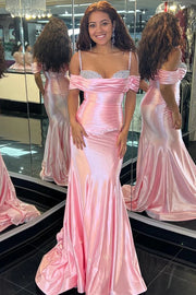 Satin Trumpet Off-Shoulder Beaded With Train Prom Dress