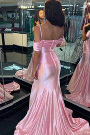 Satin Trumpet Off-Shoulder Beaded With Train Prom Dress