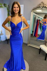 Satin Trumpet Spaghetti Straps Beaded V-Neck Sexy Prom Dress