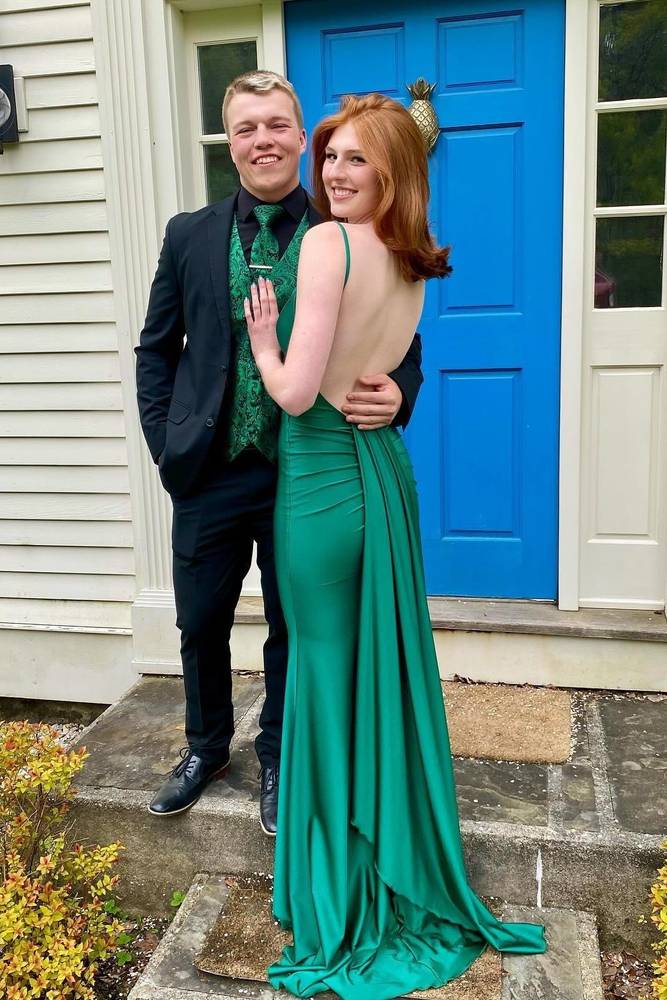 Satin V-Neck Backless Mermaid Party Prom Dress With Train