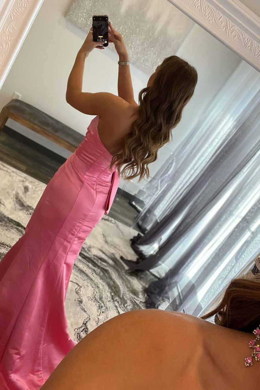 Satin V-Neck Empire Ruched Formal Party Dress With High Slit