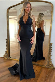 Satin V-Neck Halter Backless Mermaid Party Prom Dress