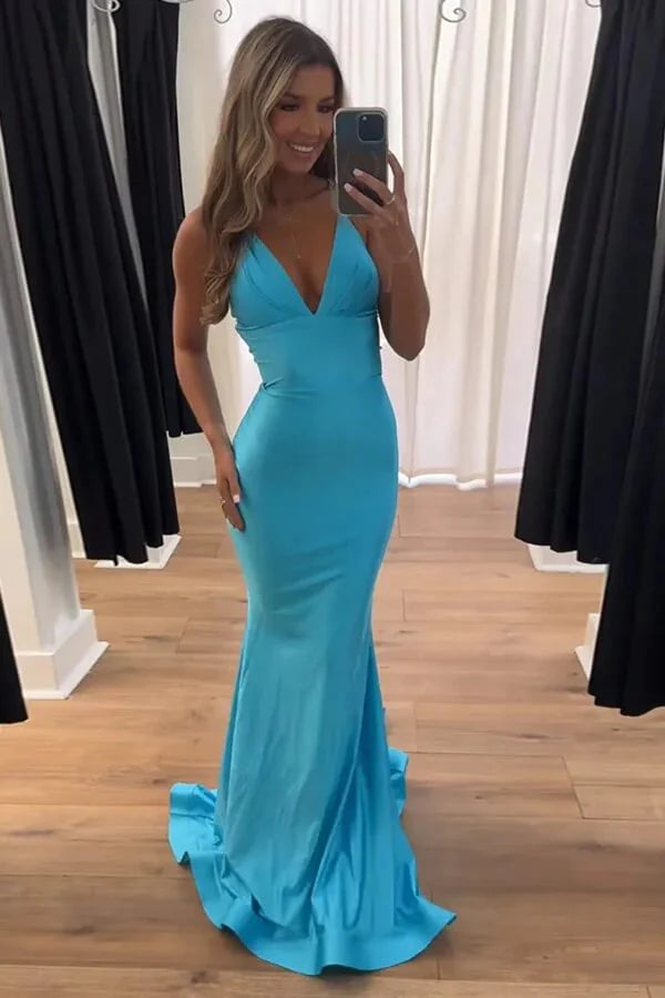 Satin V-Neck Halter Backless Mermaid Party Prom Dress