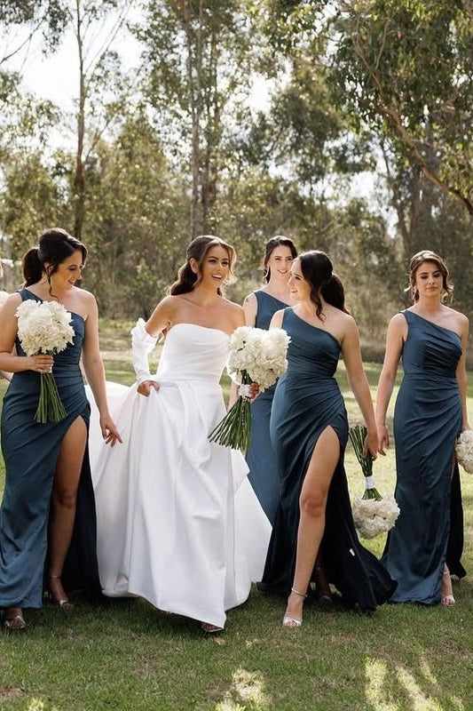 Satin one Shoulder Ruched Empire Bridesmaid Dress With Side Slit