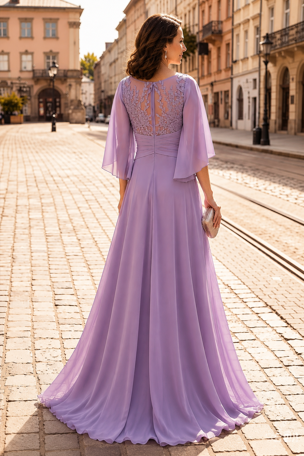 Scoop Bell Sleeves Lace Appliques Mermaid Mother Of The Bride Dress