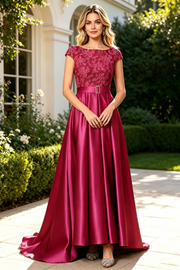 Scoop Cap Sleeves Lace And Satin A-Line Mother Of The Bride Dress