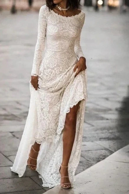 Scoop Long Sleeves A-Line Lace Wedding Dress