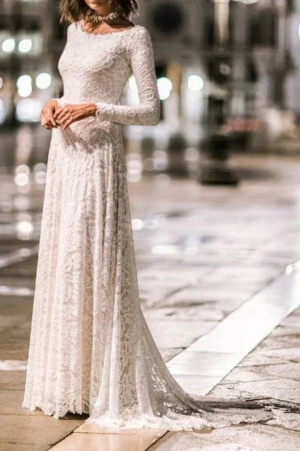 Scoop Long Sleeves A-Line Lace Wedding Dress Custom Color / US 14 Scoop Long Sleeves A-Line Lace Wedding Dress Custom Color / US 14
