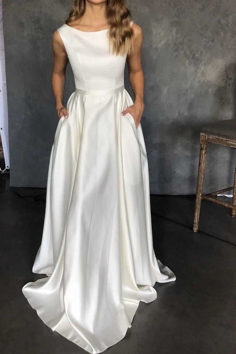 Scoop Satin A-Line Sleeveless Wedding Dress With Pockets