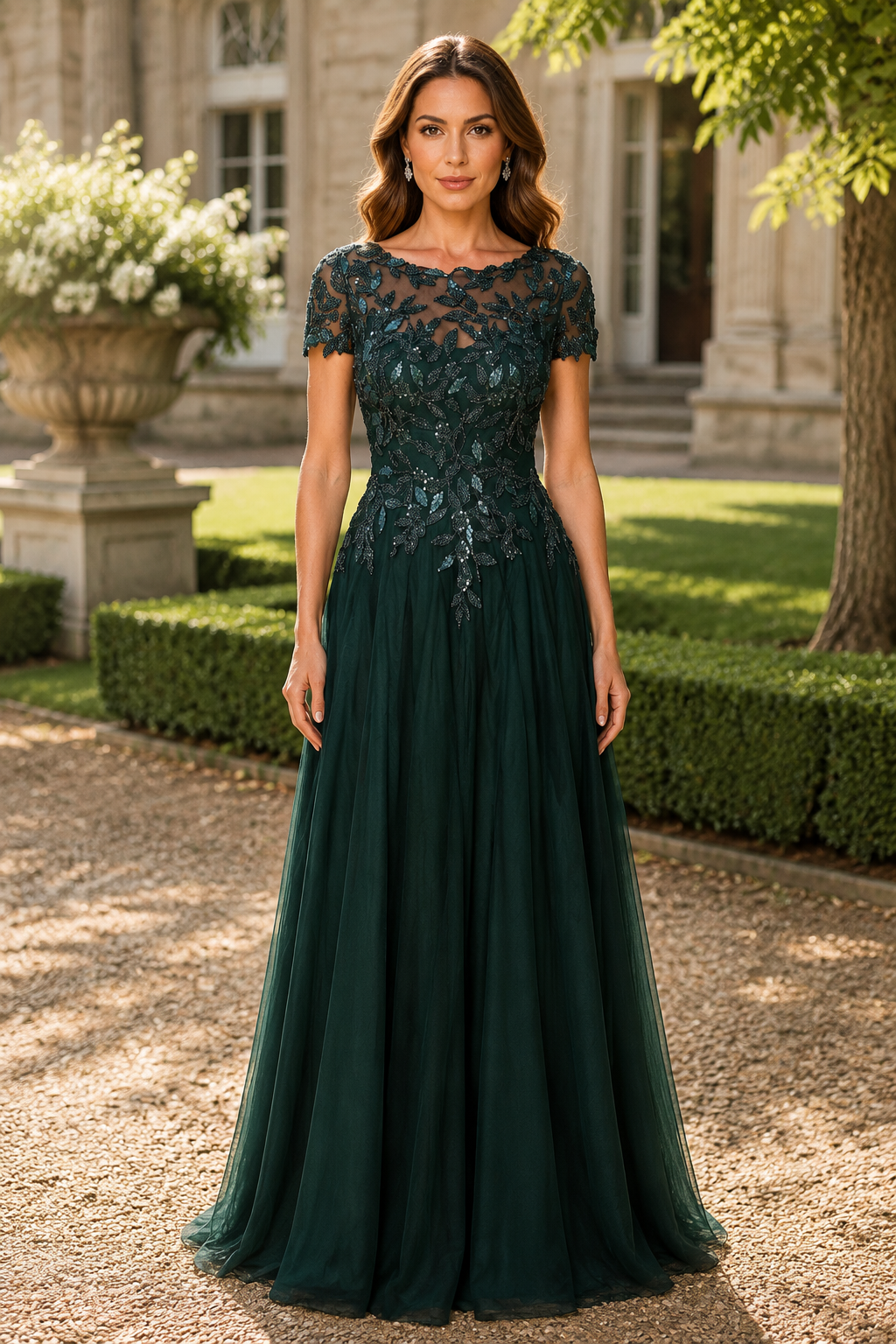 Scoop Short Sleeveless Empire Lace And Tulle Long Mother Of The Bride Dress