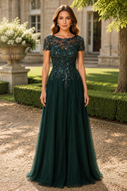 Scoop Short Sleeveless Empire Lace And Tulle Long Mother Of The Bride Dress