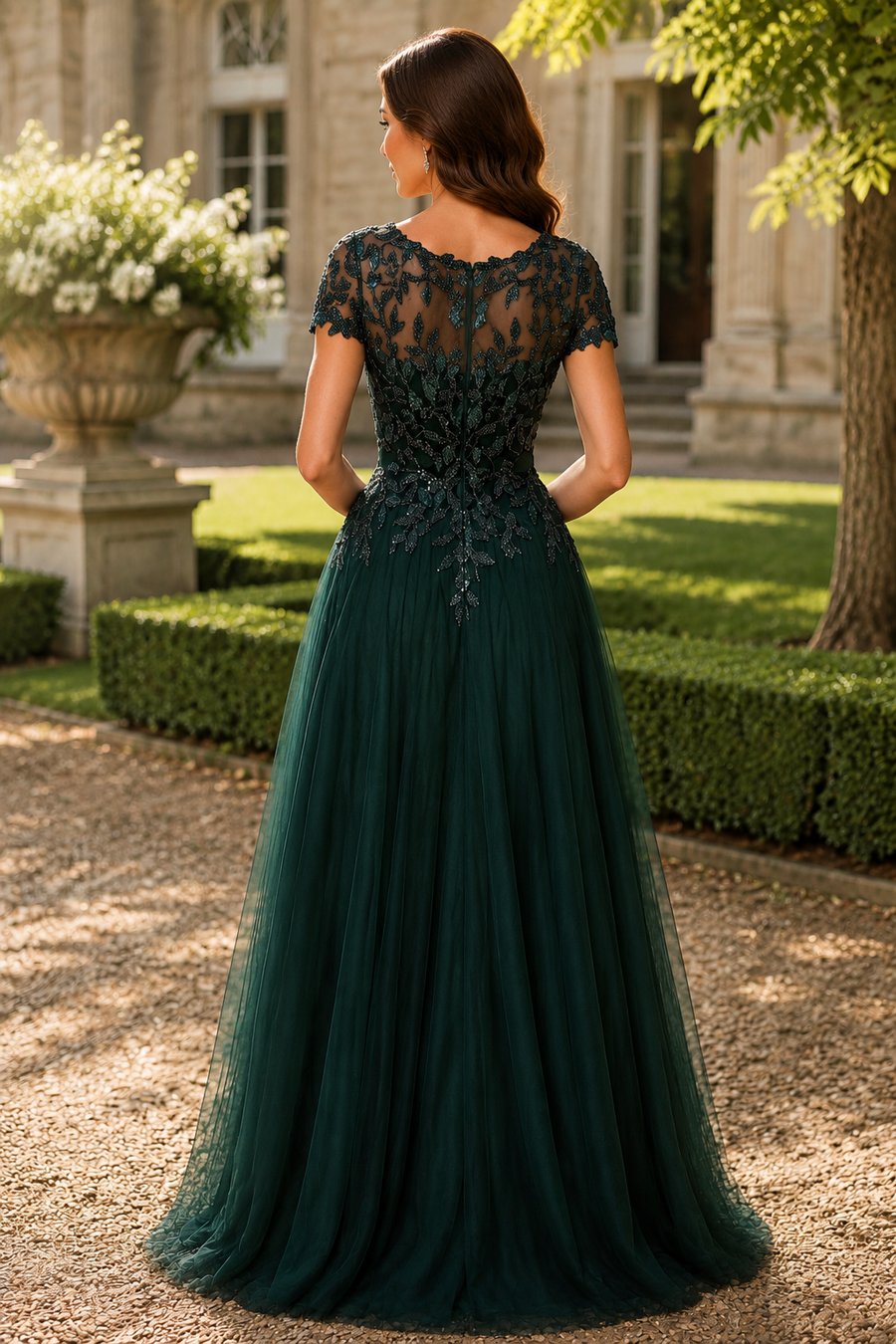 Scoop Short Sleeveless Empire Lace And Tulle Long Mother Of The Bride Dress