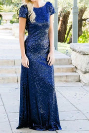 Scoop Short Sleeves Open Back Royal Blue Sequins Bridesmaid Dress