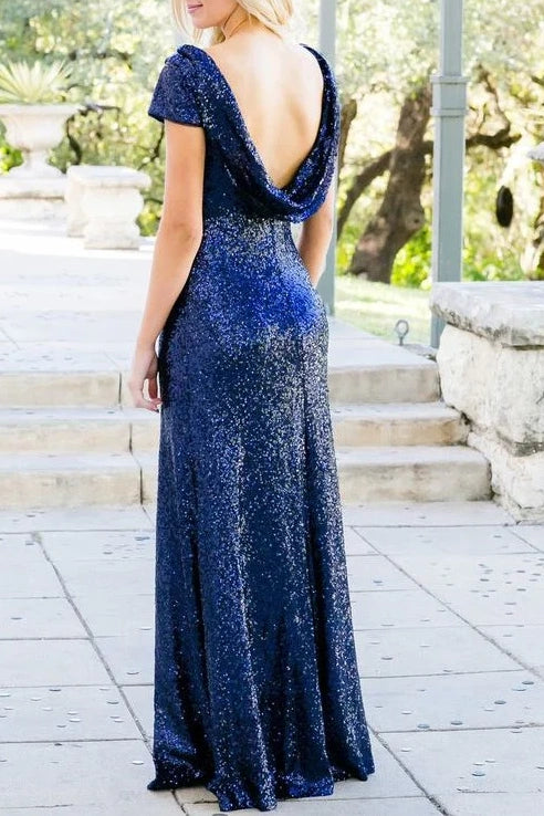 Scoop Short Sleeves Open Back Royal Blue Sequins Bridesmaid Dress