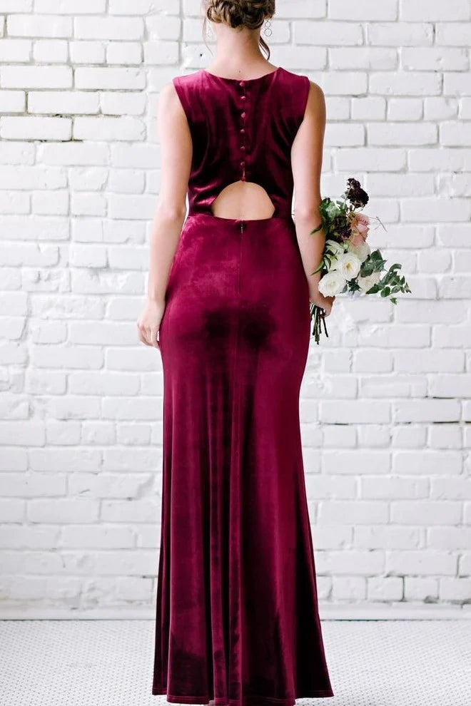 Scoop Sleeveless Empire Burgundy Velvet Bridesmaid Dress