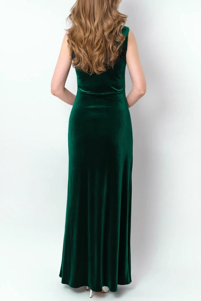 Scoop Sleeveless Fitted Velvet Dress With Slit